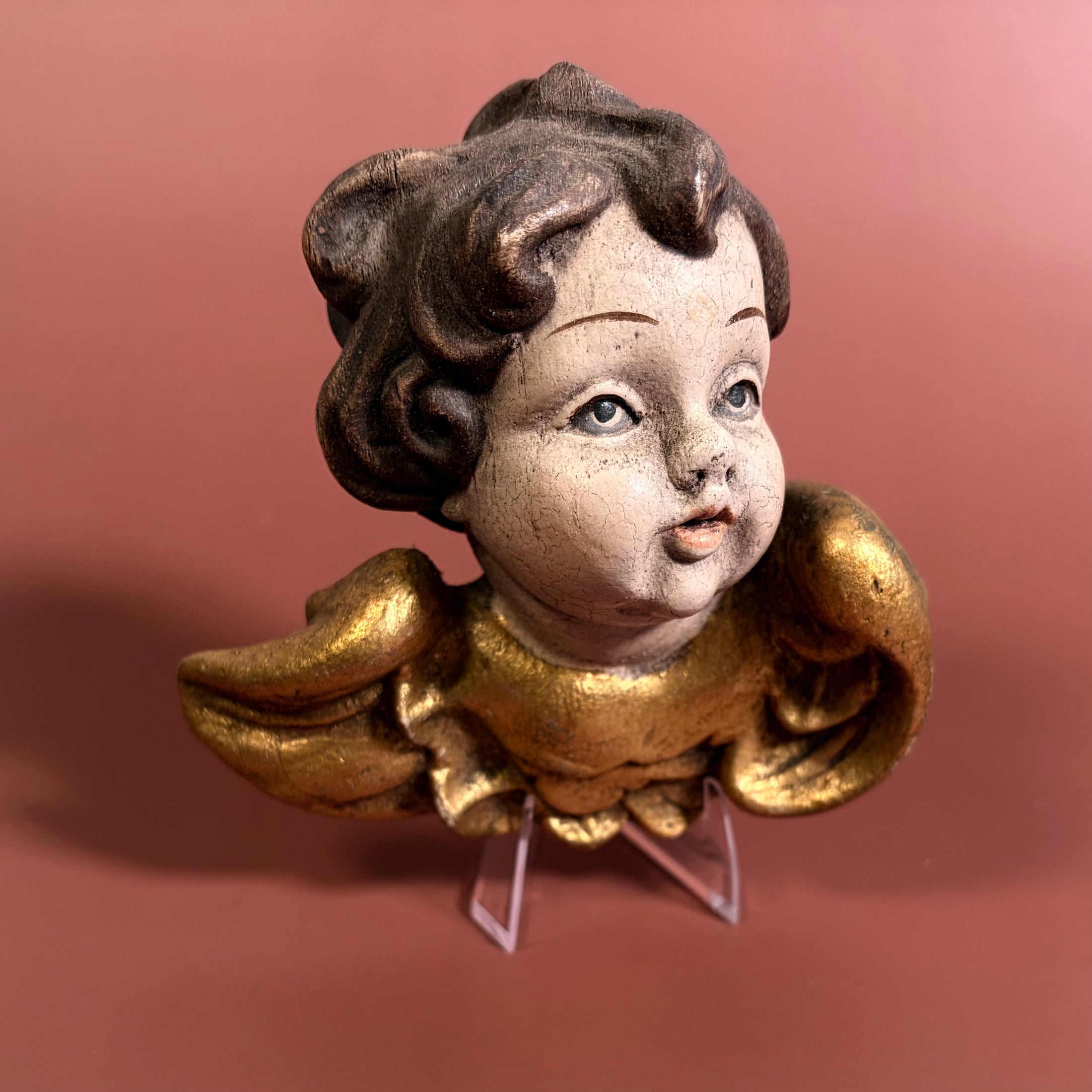 Pair of Mid Century Modern German Baroque Style Wood Carved Cherub Heads