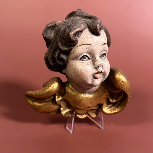 Pair of Mid Century Modern German Baroque Style Wood Carved Cherub Heads