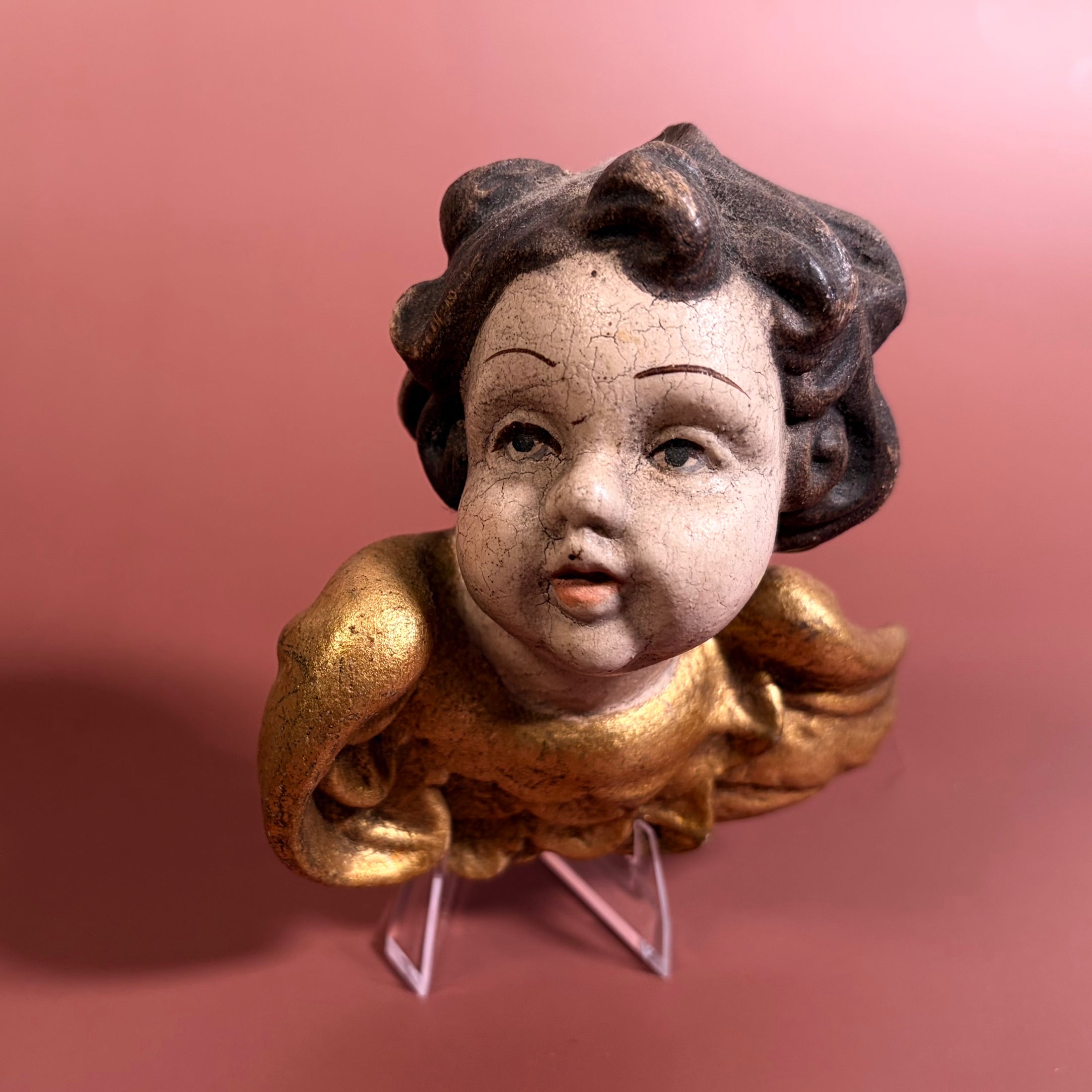 Pair of Mid Century Modern German Baroque Style Wood Carved Cherub Heads