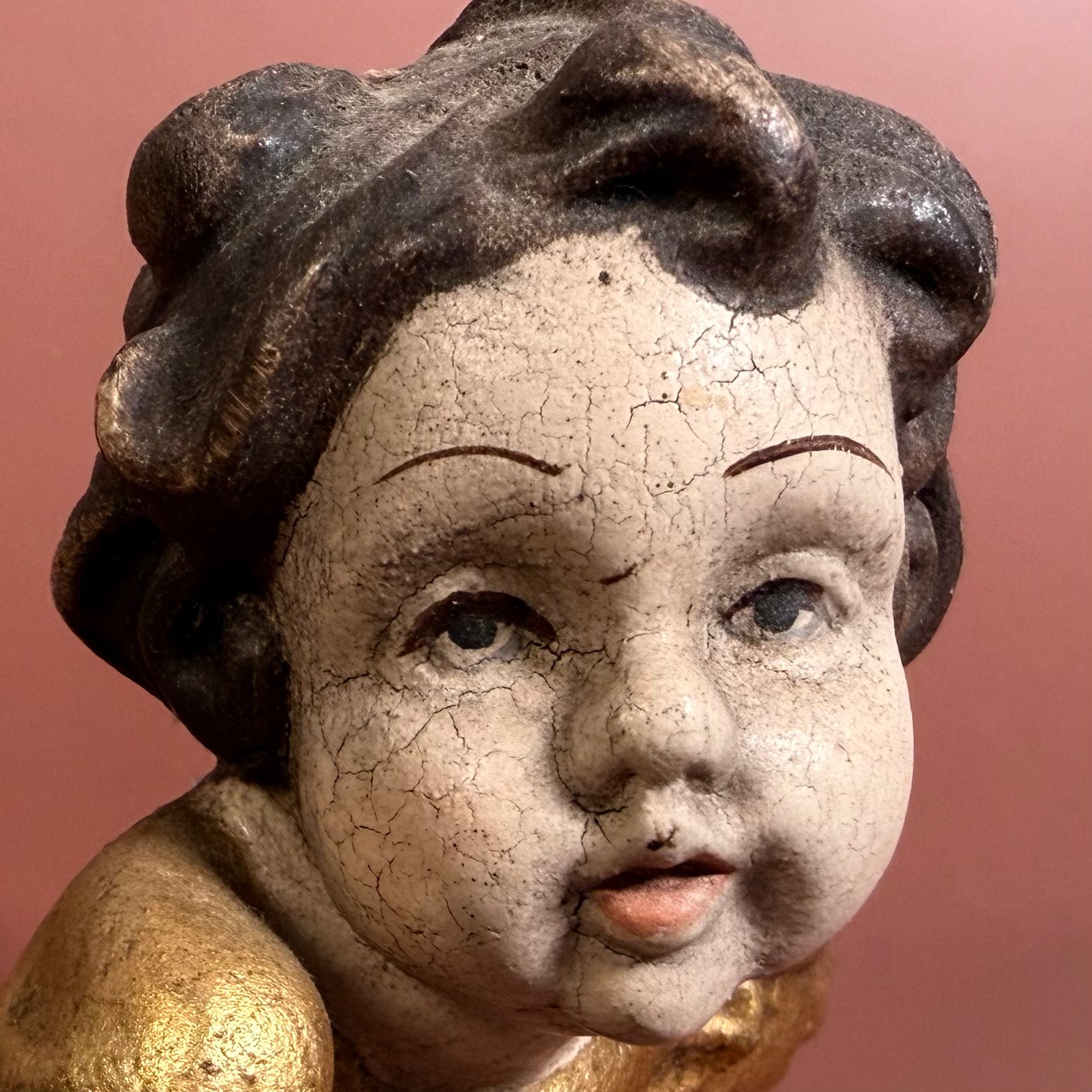 Pair of Mid Century Modern German Baroque Style Wood Carved Cherub Heads