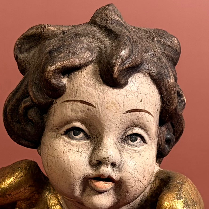 Pair of Mid Century Modern German Baroque Style Wood Carved Cherub Heads