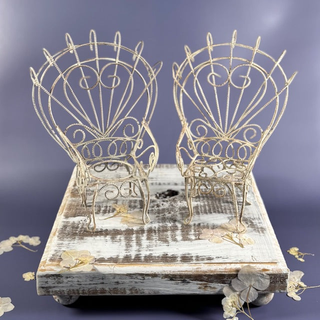 Vintage Distressed White Iron Miniature Peacock Chair Plant Stands - Set of 2