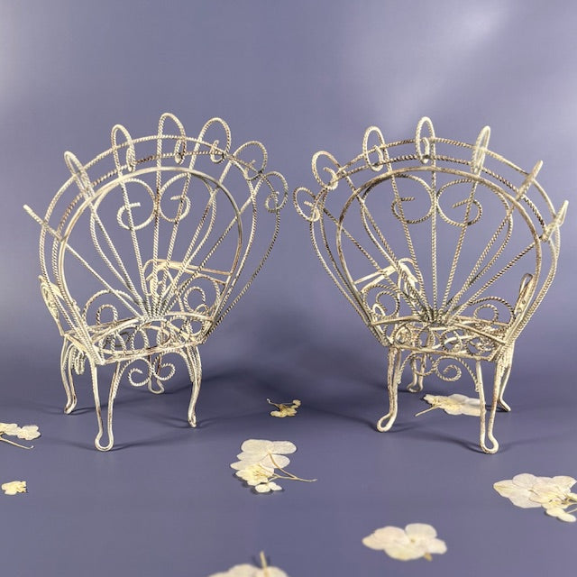 Vintage Distressed White Iron Miniature Peacock Chair Plant Stands - Set of 2