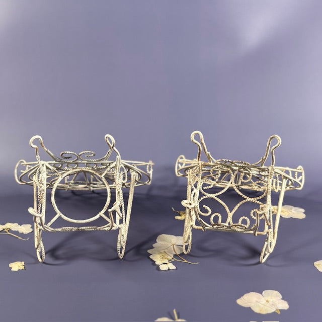 Vintage Distressed White Iron Miniature Peacock Chair Plant Stands - Set of 2