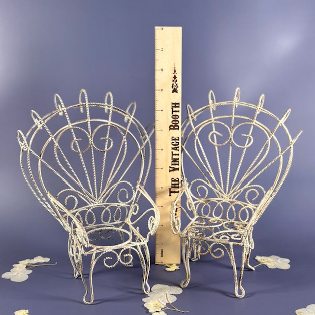 Vintage Distressed White Iron Miniature Peacock Chair Plant Stands - Set of 2