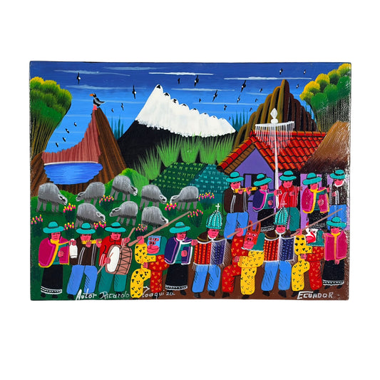 Authentic Tigua Painting - Signed by Ricardo Toaquiza- Featuring Andean/Ecuadorian Life