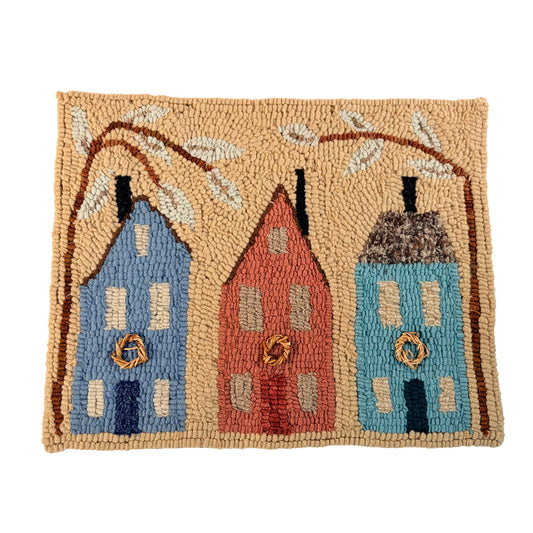 Hand Hooked Rug/Wall Hanging - Three Salt Boxes - Signed Nancy Williams