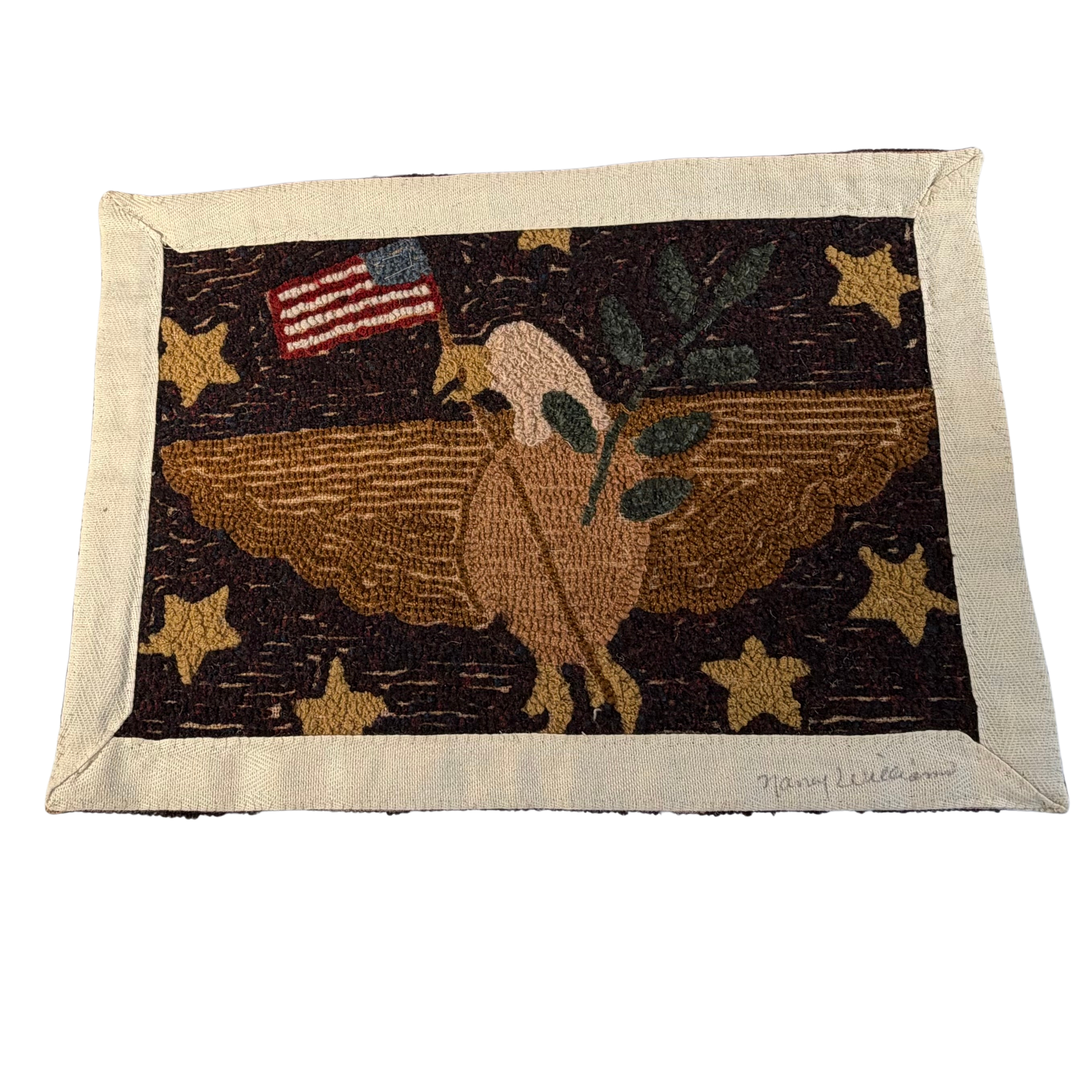 Hand Hooked Rug/Wall Hanging - Eagle w/Flag - Signed Nancy Williams