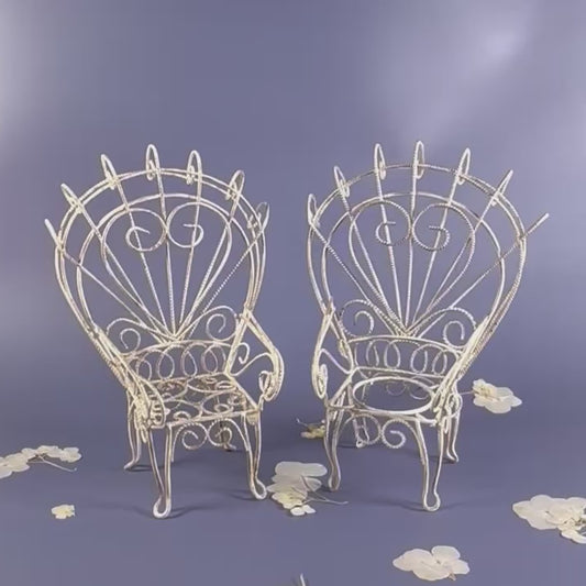 Vintage Distressed White Iron Miniature Peacock Chair Plant Stands - Set of 2