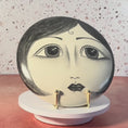 Load and play video in Gallery viewer, Vintage Handpainted Circular Ceramic Face Sculpture - Moon with Open Eyes - Signed J Alverez
